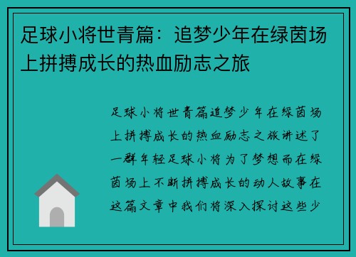 足球小将世青篇：追梦少年在绿茵场上拼搏成长的热血励志之旅