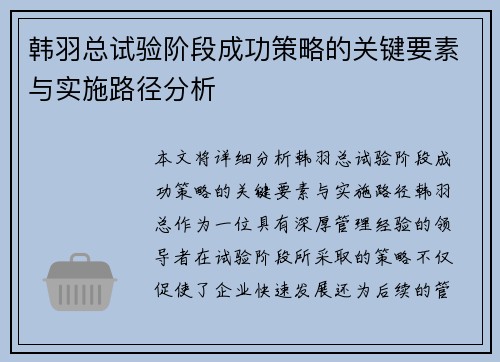 韩羽总试验阶段成功策略的关键要素与实施路径分析 韩羽总试验阶段成功策略的关键要素与实施路径分析