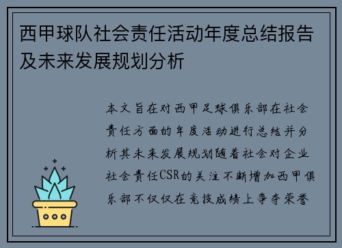 西甲球队社会责任活动年度总结报告及未来发展规划分析
