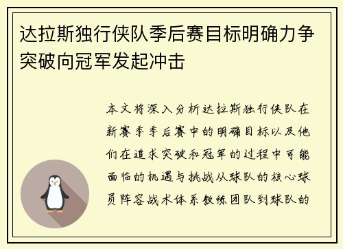 达拉斯独行侠队季后赛目标明确力争突破向冠军发起冲击