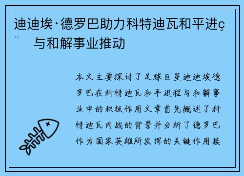 迪迪埃·德罗巴助力科特迪瓦和平进程与和解事业推动