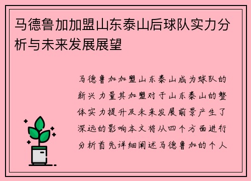 马德鲁加加盟山东泰山后球队实力分析与未来发展展望