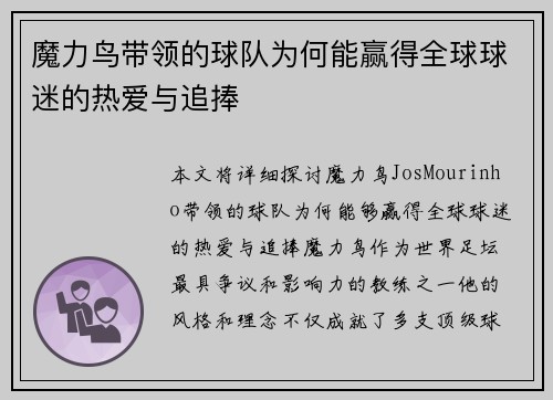 魔力鸟带领的球队为何能赢得全球球迷的热爱与追捧 魔力鸟带领的球队为何能赢得全球球迷的热爱与追捧
